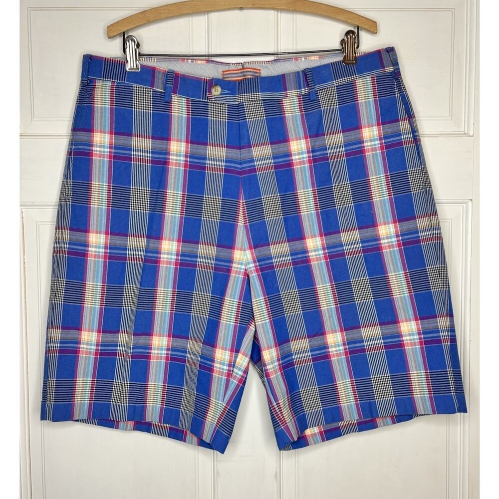 Peter Millar Pink Blue Plaid Golf Shorts Mens Size 36 Chino 9 Inch Inseam
